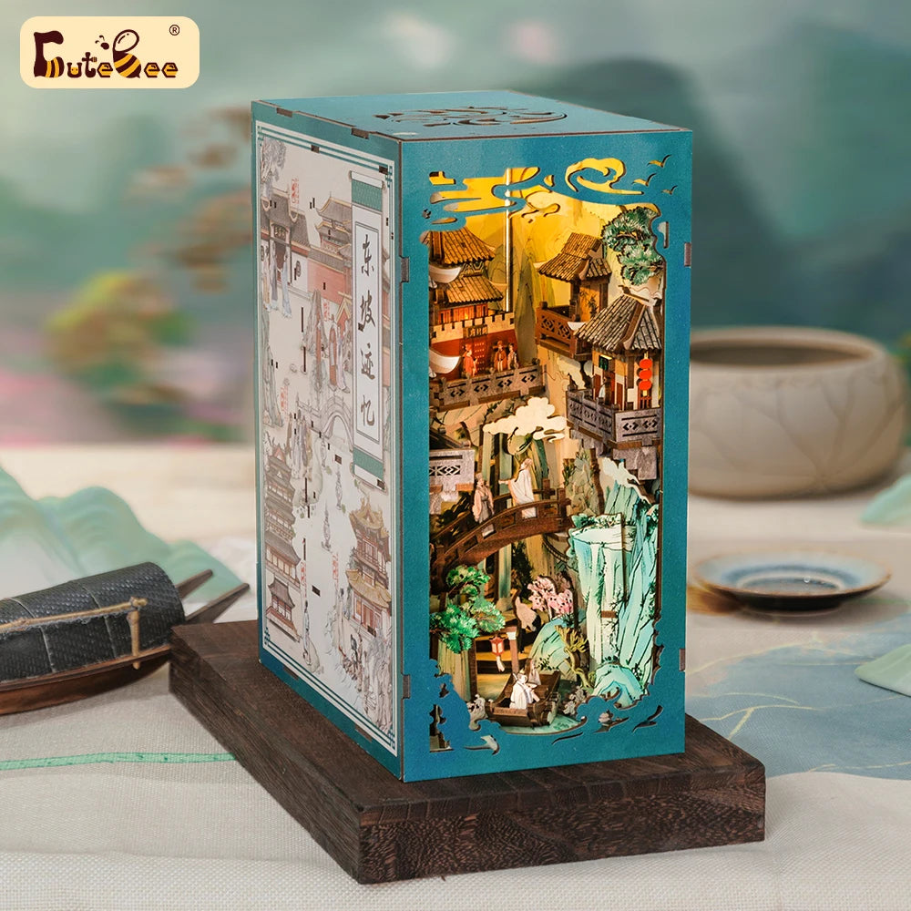 CUTEBEE-Kit de casa de muñecas de estilo chino, rincón de libro antiguo con luz táctil, cubierta antipolvo, rompecabezas 3D, juguete, Ideas de regalo, vida de Su Dongpo