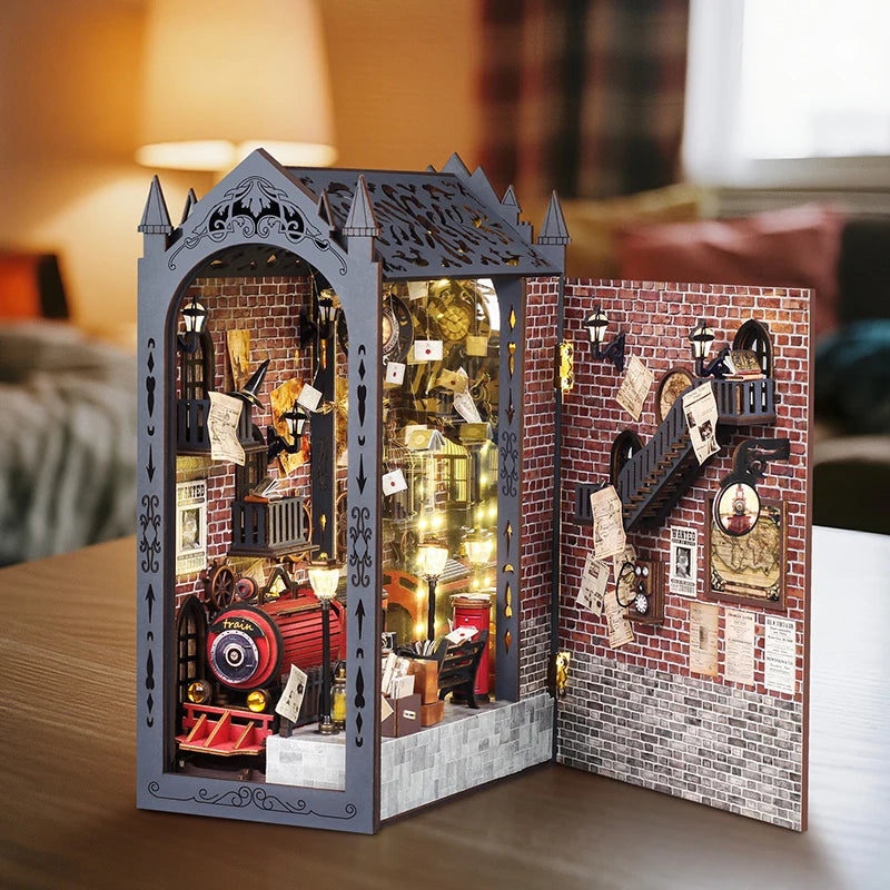 Kit de inserción de estante de rincón de libros para casas de muñecas de madera, Kits de modelos en miniatura, estantería de rompecabezas 3D con luces LED para regalos de navidad