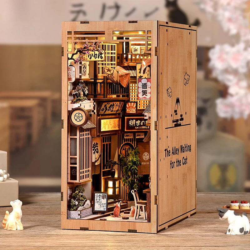 Zuuton Kit de Librero Diorama calle Japonesa con Luz LED Rompecabezas de Madura 3D Casa Muñecas Miniatura Decoración Estantería Regalo Creativo para Amigos