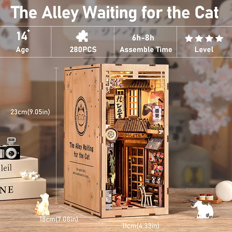Zuuton Kit de Librero Diorama calle Japonesa con Luz LED Rompecabezas de Madura 3D Casa Muñecas Miniatura Decoración Estantería Regalo Creativo para Amigos