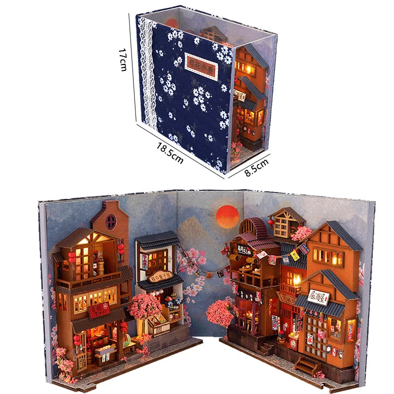 Zuuton Kit de Librero Diorama calle Japonesa con Luz LED Rompecabezas de Madura 3D Casa Muñecas Miniatura Decoración Estantería Regalo Creativo para Amigos