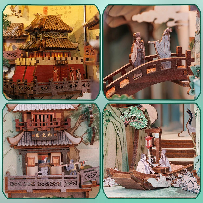 CUTEBEE-Kit de casa de muñecas de estilo chino, rincón de libro antiguo con luz táctil, cubierta antipolvo, rompecabezas 3D, juguete, Ideas de regalo, vida de Su Dongpo