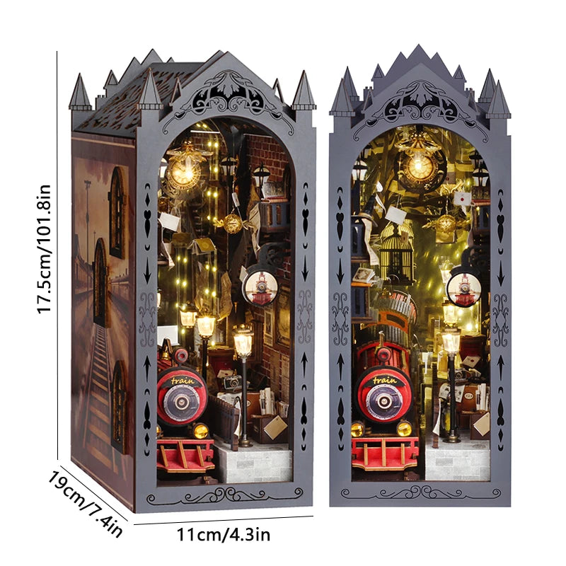 Kit de inserción de estante de rincón de libros para casas de muñecas de madera, Kits de modelos en miniatura, estantería de rompecabezas 3D con luces LED para regalos de navidad