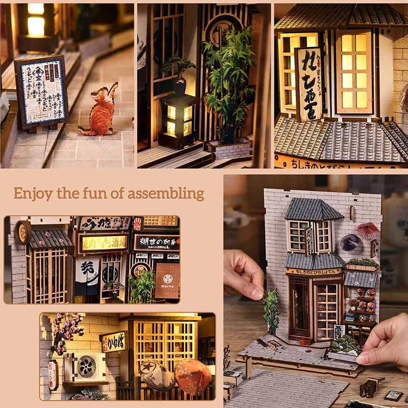 Zuuton Kit de Librero Diorama calle Japonesa con Luz LED Rompecabezas de Madura 3D Casa Muñecas Miniatura Decoración Estantería Regalo Creativo para Amigos