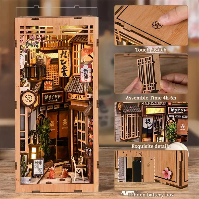 Zuuton Kit de Librero Diorama calle Japonesa con Luz LED Rompecabezas de Madura 3D Casa Muñecas Miniatura Decoración Estantería Regalo Creativo para Amigos
