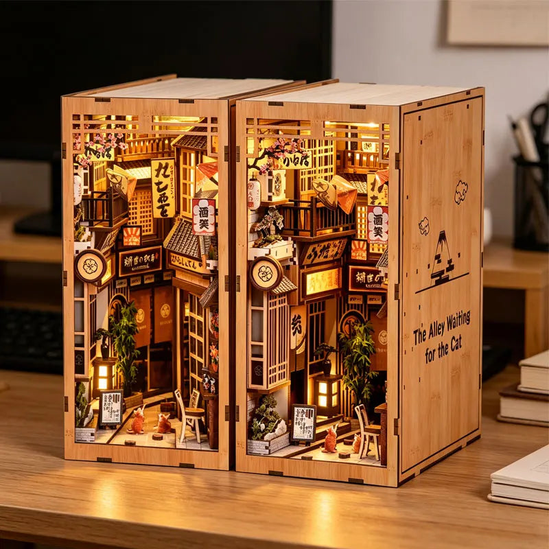 Zuuton Kit de Librero Diorama calle Japonesa con Luz LED Rompecabezas de Madura 3D Casa Muñecas Miniatura Decoración Estantería Regalo Creativo para Amigos
