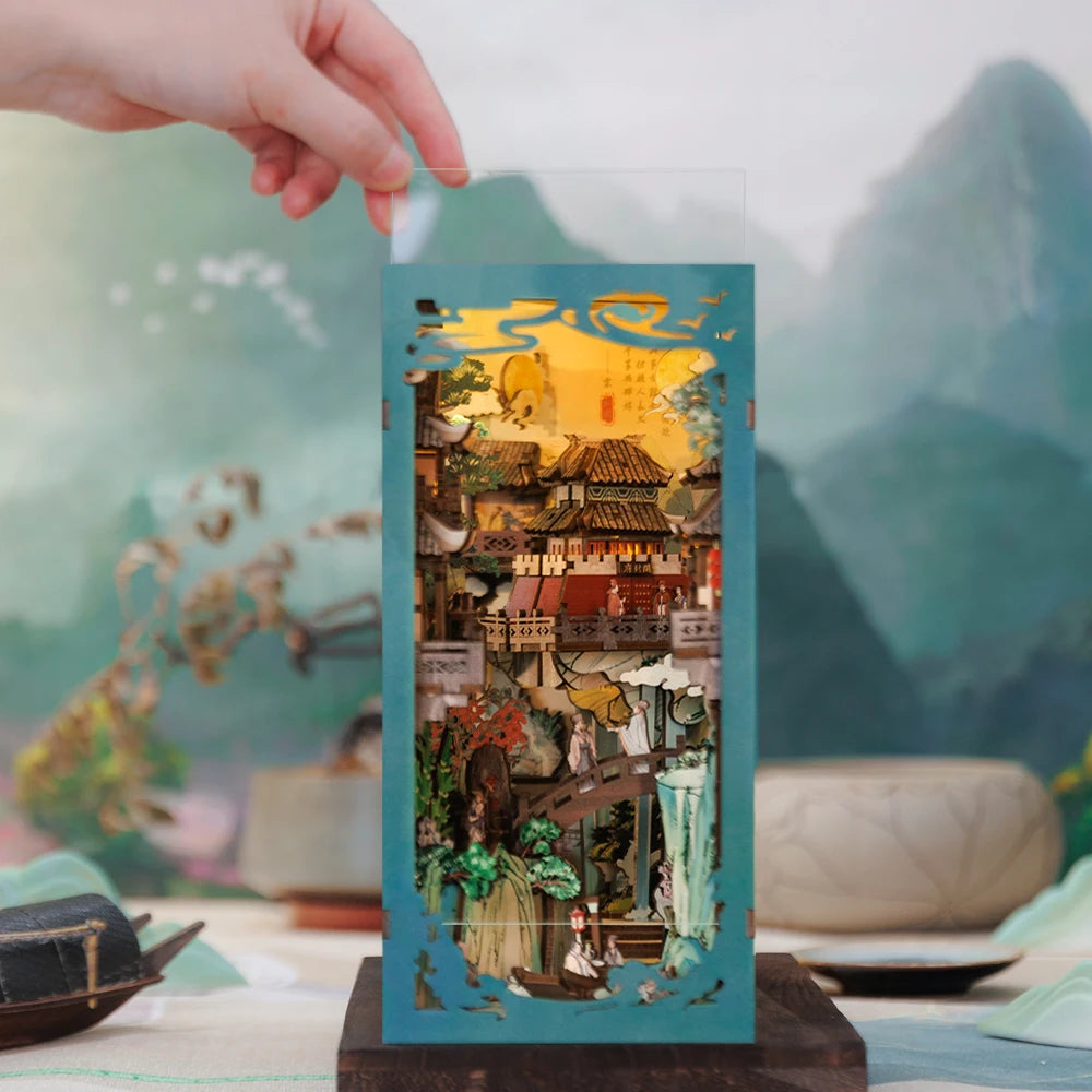 CUTEBEE-Kit de casa de muñecas de estilo chino, rincón de libro antiguo con luz táctil, cubierta antipolvo, rompecabezas 3D, juguete, Ideas de regalo, vida de Su Dongpo
